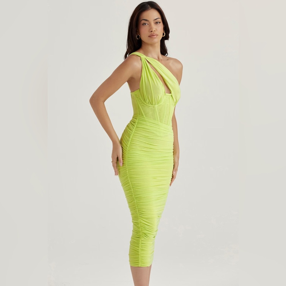 NWT House of CB Valentina Lime Asymmetric Cutout Midi Dress Size XS - Picture 5 of 14
